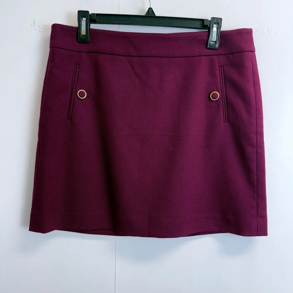 NEW LOFT Women Size 8 Magenta Purple Twill Mini Skirt Gold Button Pockets